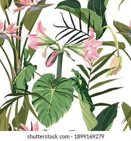 Tropical leaves with pink flowers. Seamless design with amazing Medinilla palant with flowers. Fashion, interior, wrapping, packaging suitable. Realistic branch on white background.