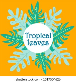 tropical leaves place for text in the center hand drawn vector watercolor. Tropical leaves for frame print design. Fabric, wallpaper, background.Vintage tropical leaves, great design for any purposes.