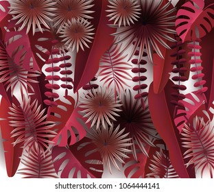 Tropical leaves and plants Cinnamon abstract background with tropical foliage Volumetric image White background Cut paper Vector illustration