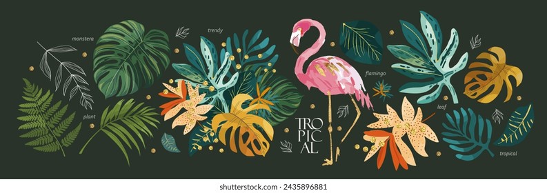 Tropical leaves, plants and flamingo. Vector modern floral illustrations of tropic print, palm leaf, monstera, fern,  bouquet  for greeting card, background, label or banner