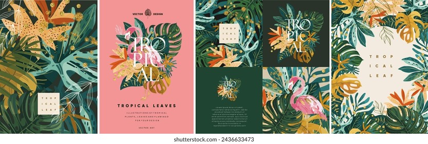 Tropical leaves, plants and flamingo. Vector modern floral illustrations of tropic, palm leaf, monstera, fern, frame, logo, pattern with gold glitter for greeting card, background, label or poster