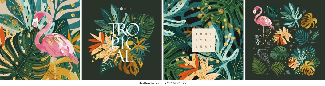 Hojas tropicales, plantas y flamenco. Vector ilustraciones florales modernas de elementos tropicales, hoja de palma, monstruos, helecho, logotipo para tarjeta de felicitación, fondo o etiqueta 