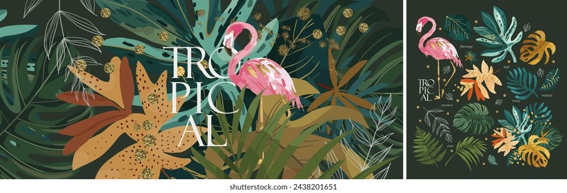 Tropical leaves, plants and flamingo. Vector modern floral illustrations of tropic elements, palm leaf, monstera, fern, logo  for greeting card, background or label 