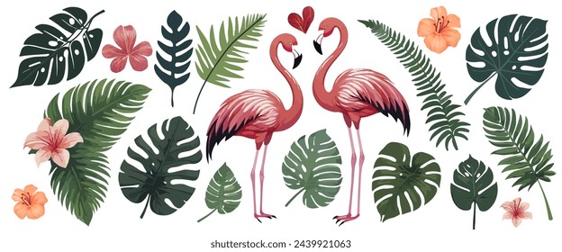 Tropical leaves, plants and flamingo. Vector modern floral illustrations of tropic print, palm leaf, monstera, fern, bouquet for greeting card, background