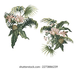 Tropical leaves, plants and flowers isolated. Vector