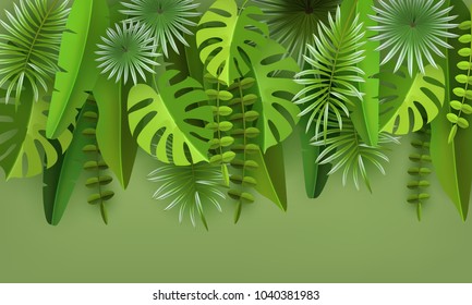 Tropical leaves and plants. Green abstract background with tropical foliage. A volumetric image. Cut paper. Vector illustration