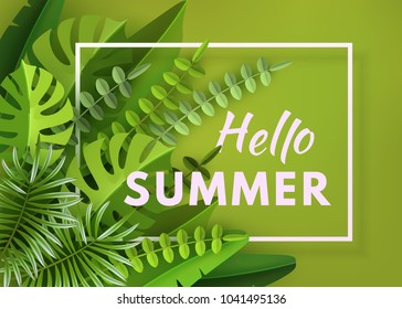 Tropical leaves and plants. Green abstract background with tropical foliage. A volumetric image. Cut paper. Vector illustration