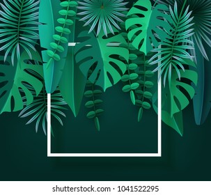 Tropical leaves and plants. Green abstract background with tropical foliage. Cut paper. Frame, Place for text. Vector illustration