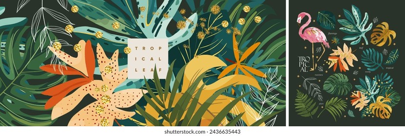 Tropical leaves, plants and jungle. Vector modern floral illustrations of tropic elements, palm leaf, monstera, fern, logo  for greeting card, background, banner or label 