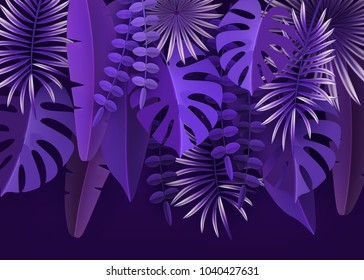 Tropical leaves and plants. Ultraviolet abstract background with tropical foliage. A volumetric image. Cut paper. Vector illustration