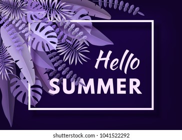 Tropical leaves and plants. Ultraviolet abstract background with tropical foliage. Cut paper. Text, frame. Vector illustration