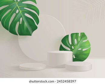 In: Tropical Leaves Podium. Realistischer Showcase-Ständer mit grünem Monstera-Blatt, Sommer- oder Frühjahrsverkauf Produktpräsentation 3D Exotic Laubplattform Vektorillustration von Sockelplattform und Bühne