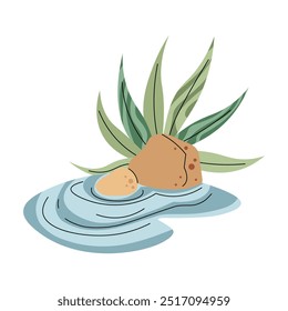 Folhas tropicais e lagoa em fundo branco. Paisagem de corpo de água com vegetação em estilo de desenho animado plano. Clipart bebê para design de roupas, papéis de parede, cartões de felicitações, etc.