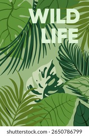 Tropical leaves, poster design. Exotic jungle leaf, green card with rainforest greenery, palm foliage, verdure. Wild nature, vertical botanical background with typography. Flat vector illustration