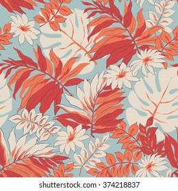 Tropical leaves print background. Beautiful seamless pattern. Exotic pattern with tropical leaves and flowers. Blooming jungle. Vector illustration.