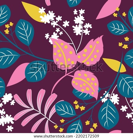 Tropical Leaves with purple background,pattern for textile fabric,wallpapper,scarf and more.