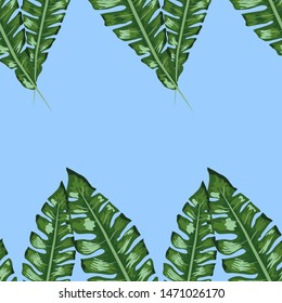 Tropical leaves realistic seamless pattern. Banana leaf and palm tree. Hawaiian exotic background with tropical plants.