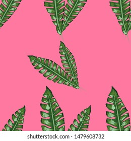Tropical leaves realistic seamless pattern. Banana leaf and palm tree. Hawaiian exotic background with tropical plants.