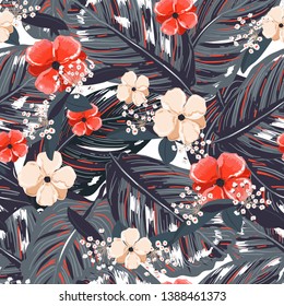 Tropical leaves, with red flower background. Floral seamless pattern in vector. Greenary Tropical illustration.Paradise nature design for fashion,fabric,web,wallpaper and all prints