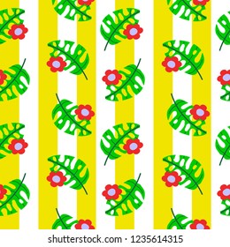 tropical leaves with red flower and yellow lines