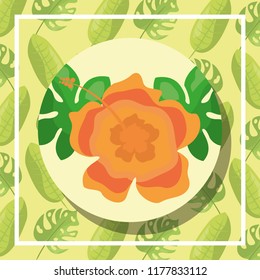 tropical leaves round banner hibiscus flower background