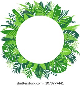 Tropical leaves round frame border isolated on white. Floral arrangement with monstera, fern, palm fronds. Summer background with green exotic plants and space for text. Vector flat illustration.