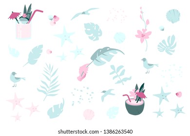 Tropical leaves, seagulls, and cocktails set. Modern vector flat design for summer theme.