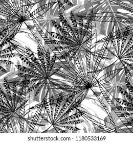 Tropical Leaves. Seamles Pattern with Australian Rainforest. Retro Black and White Texture for Dress, Curtain, Cloth. Vector Tropical Pattern.