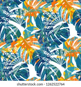 Tropical Leaves. Seamles Pattern with Australian Rainforest. Vintage Colorful Texture for Paper, Swimwear, Textile. Vector Tropical Pattern.