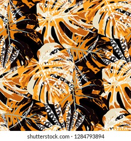 Tropical Leaves. Seamles Pattern with Australian Jungle. Trendy Colorful Texture for Wallpaper, Swimwear, Underwear. Vector Tropical Pattern.
