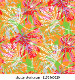 Tropical Leaves. Seamles Pattern with Brasilian Jungle. Modern Colorful Texture for Fabric, Wallpaper, Textile. Vector Tropical Pattern.