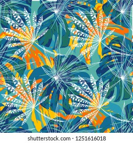 Tropical Leaves. Seamles Pattern with Brasilian Jungle. Retro Colorful Texture for Print, Textile, Linen. Vector Tropical Pattern.