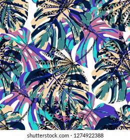 Tropical Leaves. Seamles Pattern with Brasilian Jungle. Trendy Colorful Texture for Paper, Swimwear, Cloth. Vector Tropical Pattern.