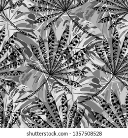 Tropical Leaves. Seamles Pattern with Brasilian Jungle. Vintage Black and White Texture for Print, Textile, Linen. Vector Tropical Pattern.