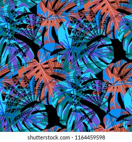 Tropical Leaves. Seamles Pattern with Hawaiian Rainforest. Modern Colorful Texture for Print, Swimwear, Underwear. Vector Tropical Pattern.