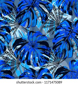 Tropical Leaves. Seamles Pattern with Hawaiian Jungle. Vintage Colorful Texture for Paper, Swimwear, Textile. Vector Tropical Pattern.