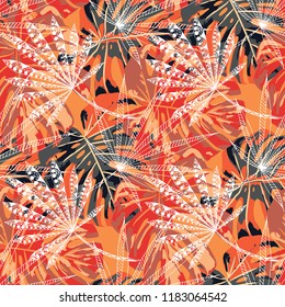 Tropical Leaves. Seamles Pattern with Hawaiian Jungle. Retro Colorful Texture for Print, Textile, Underwear. Vector Tropical Pattern.