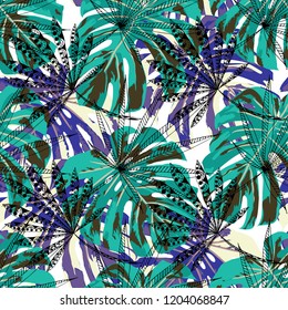 Tropical Leaves. Seamles Pattern with Hawaiian Rainforest. Trendy Colorful Texture for Dress, Swimwear, Cloth. Vector Tropical Pattern.