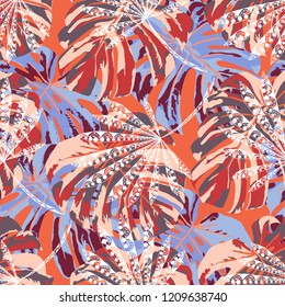 Tropical Leaves. Seamles Pattern with Hawaiian Jungle. Retro Colorful Texture for Dress, Swimwear, Cloth. Vector Tropical Pattern.