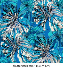 Tropical Leaves. Seamles Pattern with Indian Jungle. Retro Colorful Texture for Fabric, Wallpaper, Linen. Vector Tropical Pattern.