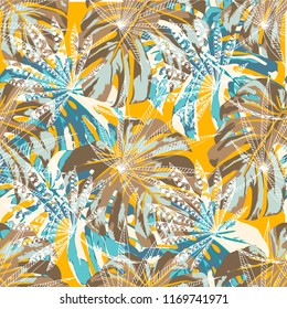 Tropical Leaves. Seamles Pattern with Indian Rainforest. Vintage Colorful Texture for Fabric, Wallpaper, Linen. Vector Tropical Pattern.