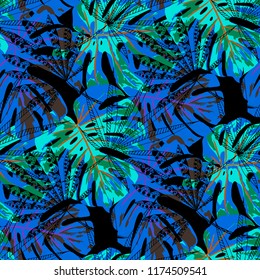Tropical Leaves. Seamles Pattern with Indian Jungle. Retro Colorful Texture for Fabric, Wallpaper, Textile. Vector Tropical Pattern.