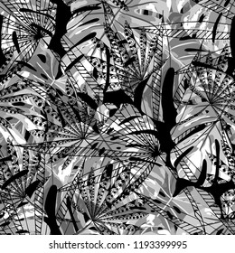 Tropical Leaves. Seamles Pattern with Indian Jungle. Vintage Black and White Texture for Print, Textile, Linen. Vector Tropical Pattern.