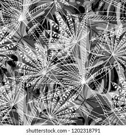 Tropical Leaves. Seamles Pattern with Indian Rainforest. Vintage Black and White Texture for Paper, Swimwear, Cloth. Vector Tropical Pattern.