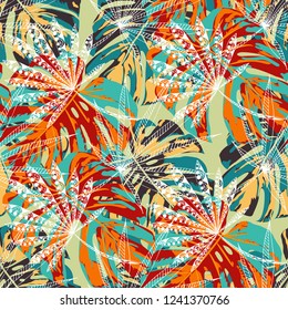 Tropical Leaves. Seamles Pattern with Indian Rainforest. Vintage Colorful Texture for Print, Swimwear, Underwear. Vector Tropical Pattern.