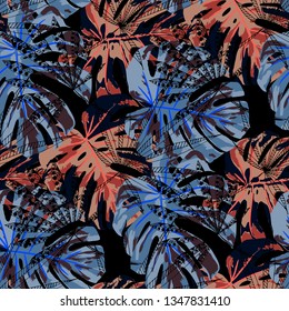 Tropical Leaves. Seamles Pattern with Indian Jungle. Trendy Colorful Texture for Print, Textile, Underwear. Vector Tropical Pattern.