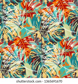 Tropical Leaves. Seamles Pattern with Indian Rainforest. Vintage Colorful Texture for Print, Textile, Underwear. Vector Tropical Pattern.