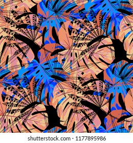 Tropical Leaves. Seamles Pattern with Indonesian Rainforest. Retro Colorful Texture for Fabric, Wallpaper, Linen. Vector Tropical Pattern.