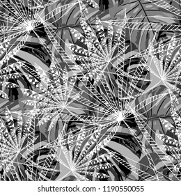Tropical Leaves. Seamles Pattern with Indonesian Jungle. Vintage Black and White Texture for Dress, Swimwear, Cloth. Vector Tropical Pattern.