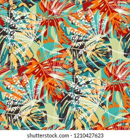 Tropical Leaves. Seamles Pattern with Indonesian Rainforest. Trendy Colorful Texture for Fabric, Textile, Linen. Vector Tropical Pattern.